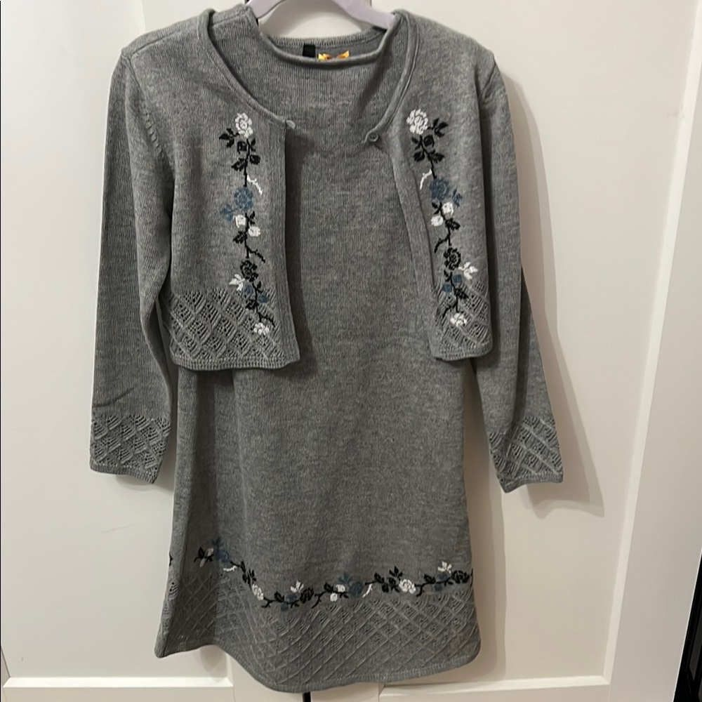 Gray Embroidered Dress and Cardigan Set